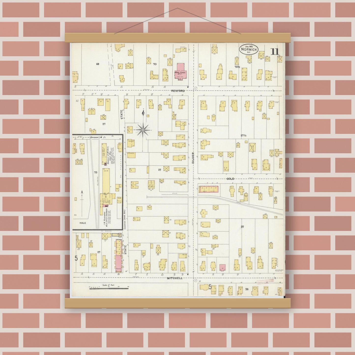 Old map wall art mockup — magnetic wood frame on brick wall — Sanborn Fire Insurance Map from Norwich, Chenango County, New York (1903), Sheet #0011