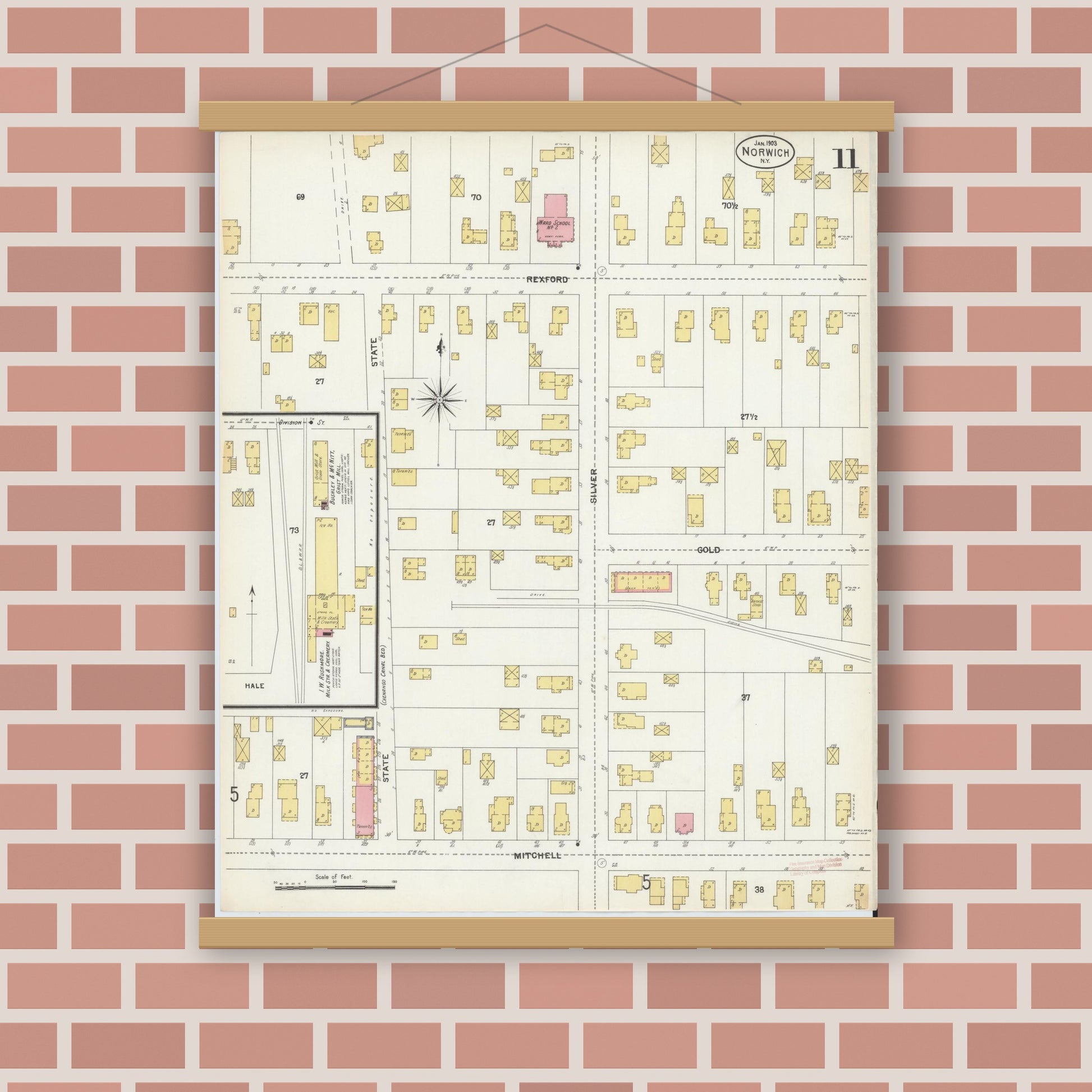 Old map wall art mockup — magnetic wood frame on brick wall — Sanborn Fire Insurance Map from Norwich, Chenango County, New York (1903), Sheet #0011