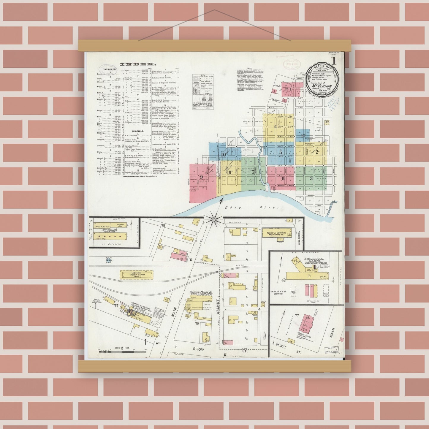 Old map wall art mockup — magnetic wood frame on brick wall — Sanborn Fire Insurance Map from Mount Vernon, Posey County, Indiana (1899) - Complete Map Set