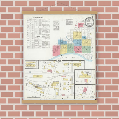 Old map wall art mockup — magnetic wood frame on brick wall — Sanborn Fire Insurance Map from Mount Vernon, Posey County, Indiana (1899) - Complete Map Set