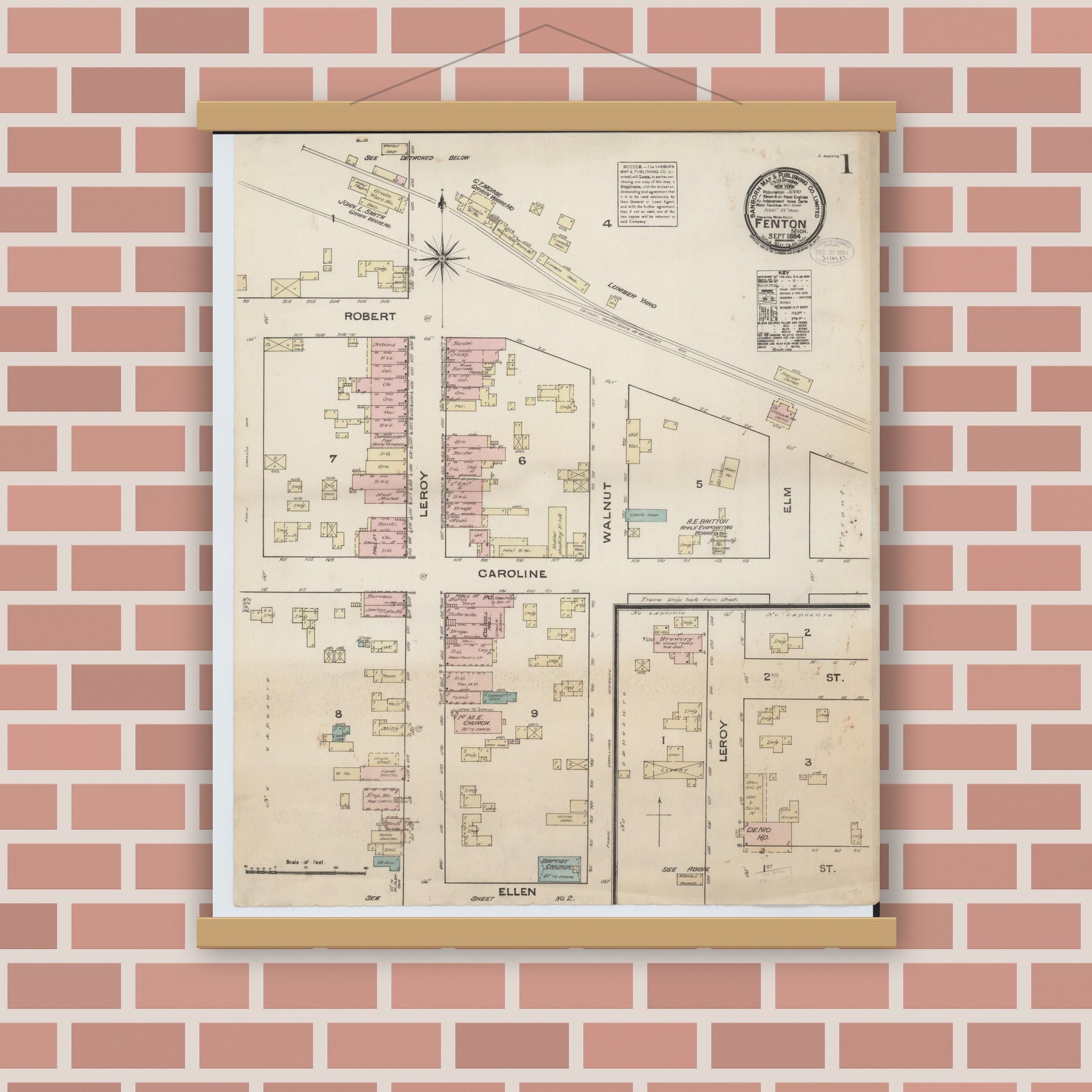 Old map wall art mockup — magnetic wood frame on brick wall — Sanborn Fire Insurance Map from Fenton, Genesee County, Michigan (1884), Sheet #0001