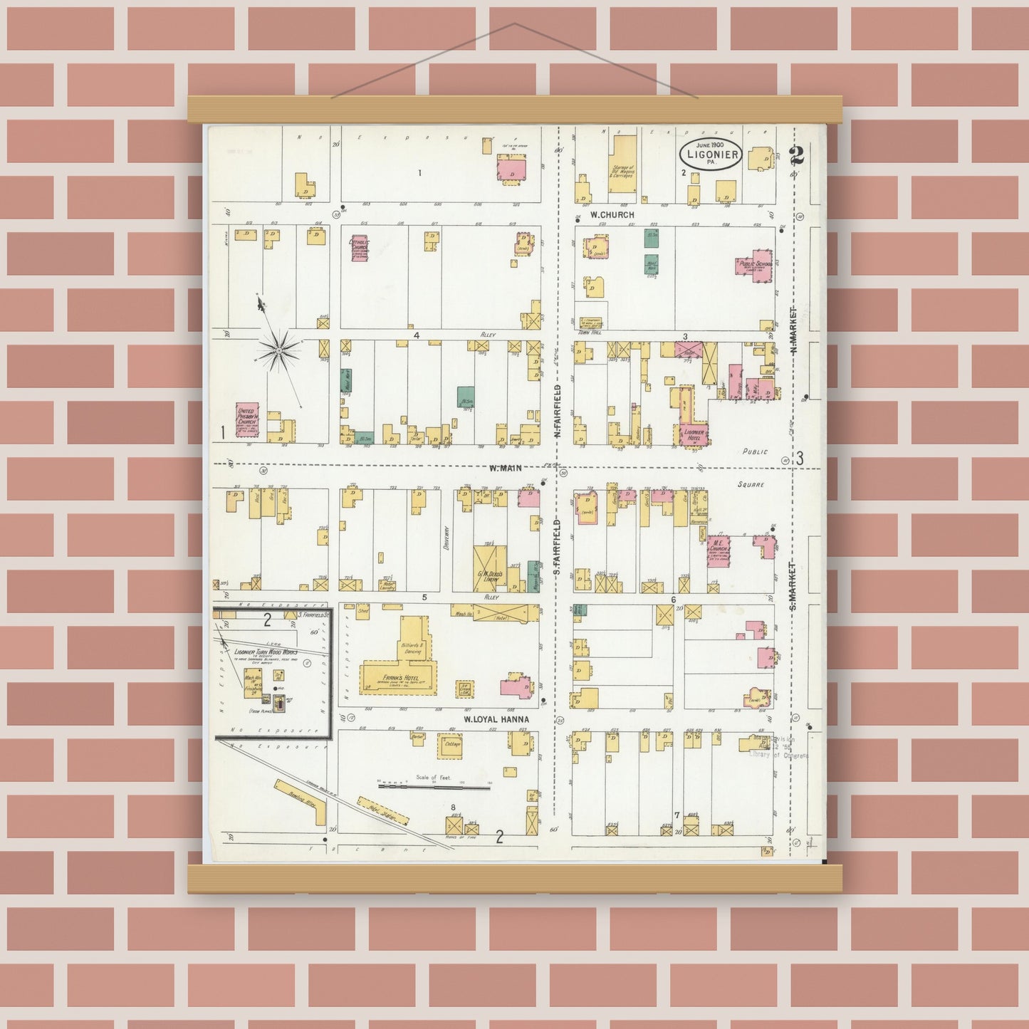 Old map wall art mockup — magnetic wood frame on brick wall — Sanborn Fire Insurance Map from Ligonier, Westmoreland County, Pennsylvania (1900), Sheet #0002