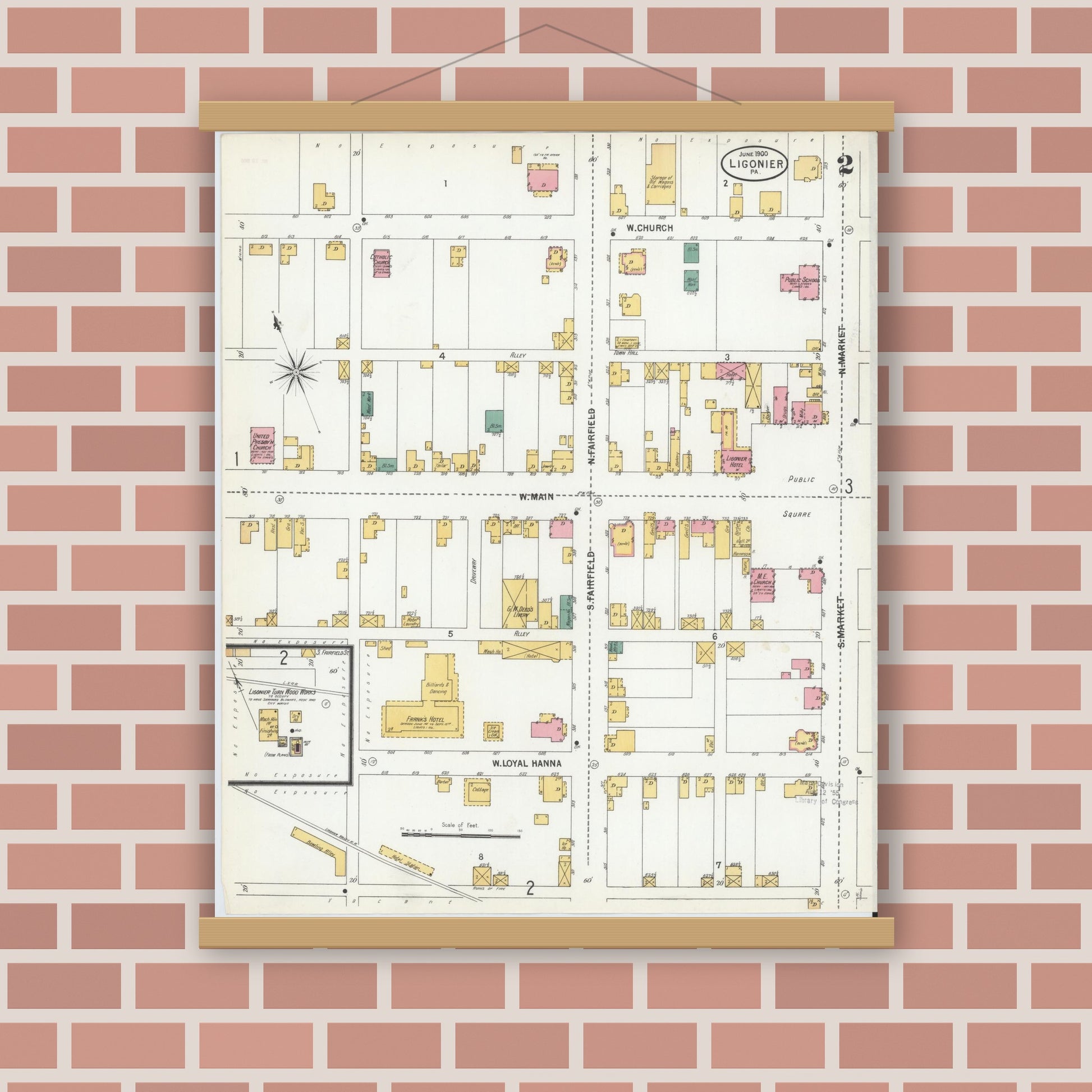 Old map wall art mockup — magnetic wood frame on brick wall — Sanborn Fire Insurance Map from Ligonier, Westmoreland County, Pennsylvania (1900), Sheet #0002
