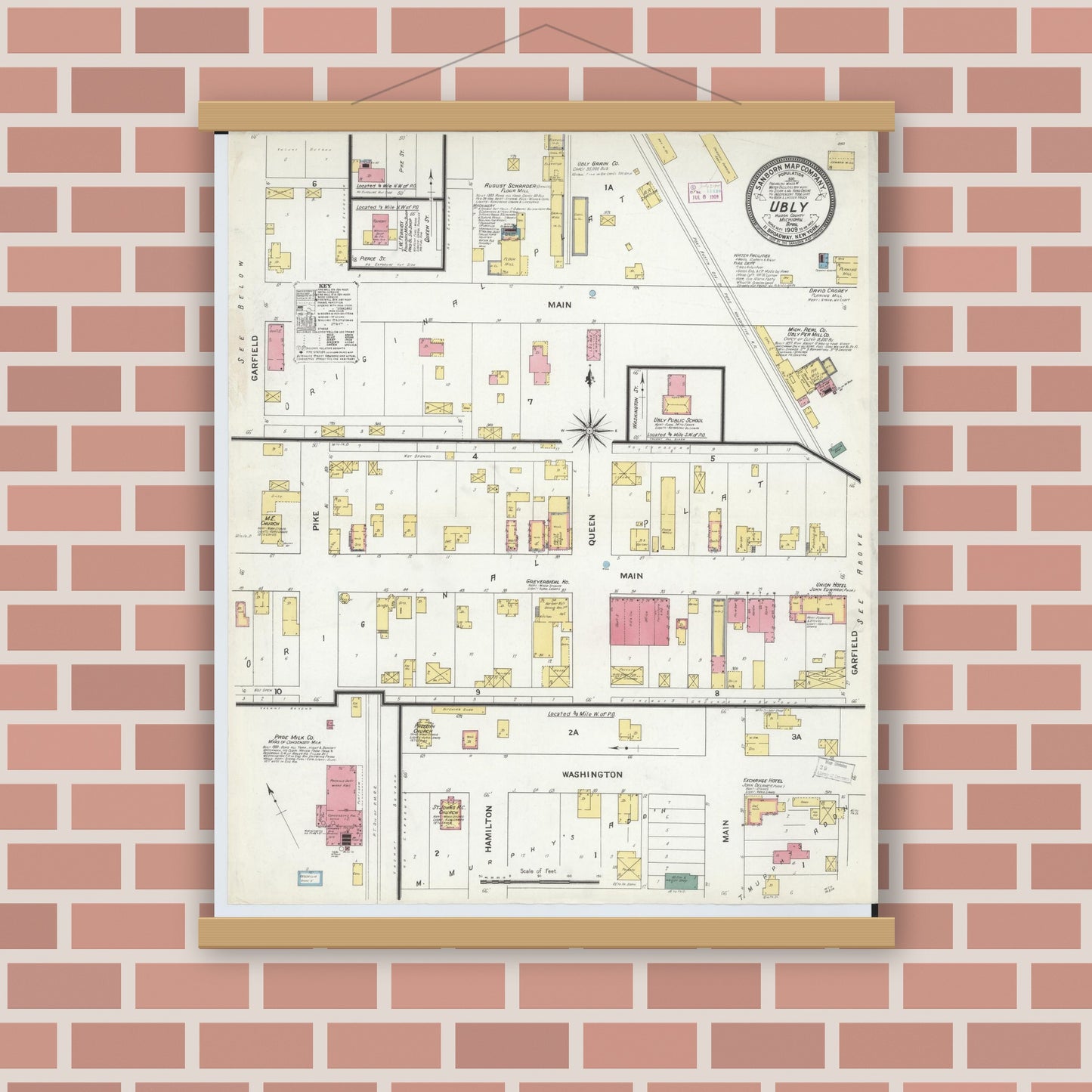Old map wall art mockup — magnetic wood frame on brick wall — Sanborn Fire Insurance Map from Ubly, Huron County, Michigan (1909), Sheet #0001