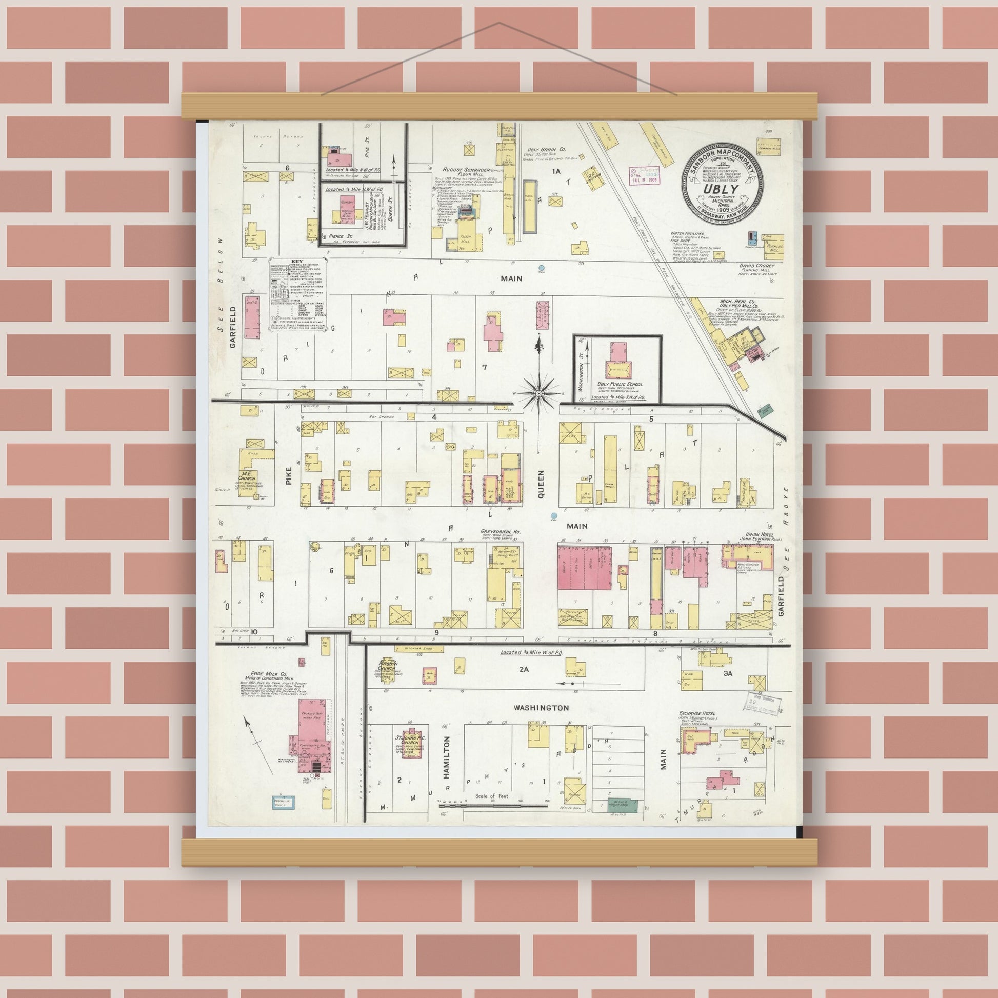 Old map wall art mockup — magnetic wood frame on brick wall — Sanborn Fire Insurance Map from Ubly, Huron County, Michigan (1909), Sheet #0001