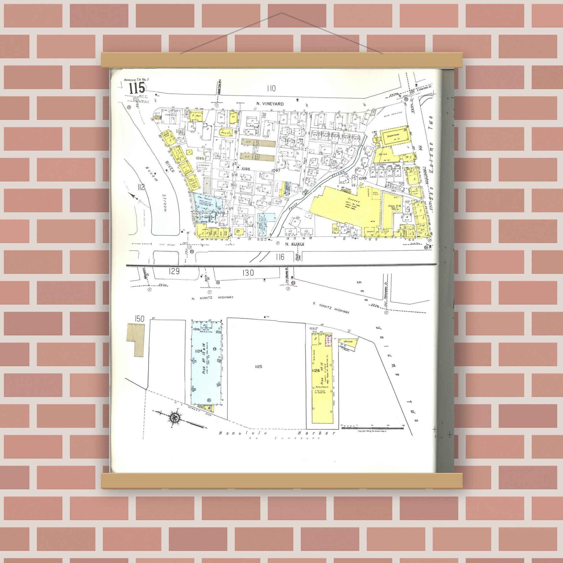 Old map wall art mockup — magnetic wood frame on brick wall — Sanborn Fire Insurance Map from Honolulu, Oahu County, Hawaii (1955), Sheet #0115