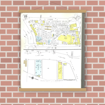 Old map wall art mockup — magnetic wood frame on brick wall — Sanborn Fire Insurance Map from Honolulu, Oahu County, Hawaii (1955), Sheet #0115