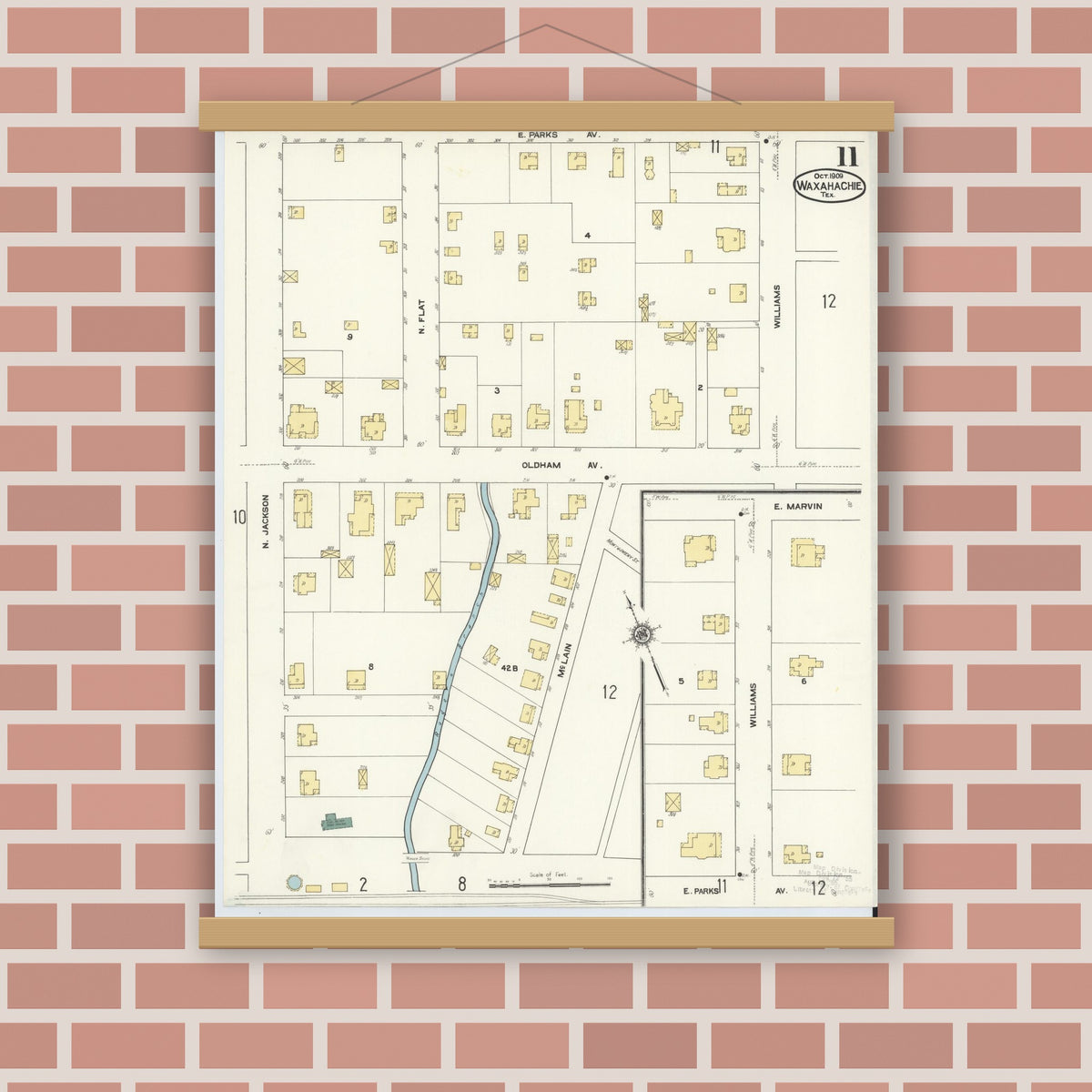 Old map wall art mockup — magnetic wood frame on brick wall — Sanborn Fire Insurance Map from Waxahachie, Ellis County, Texas (1909), Sheet #0011