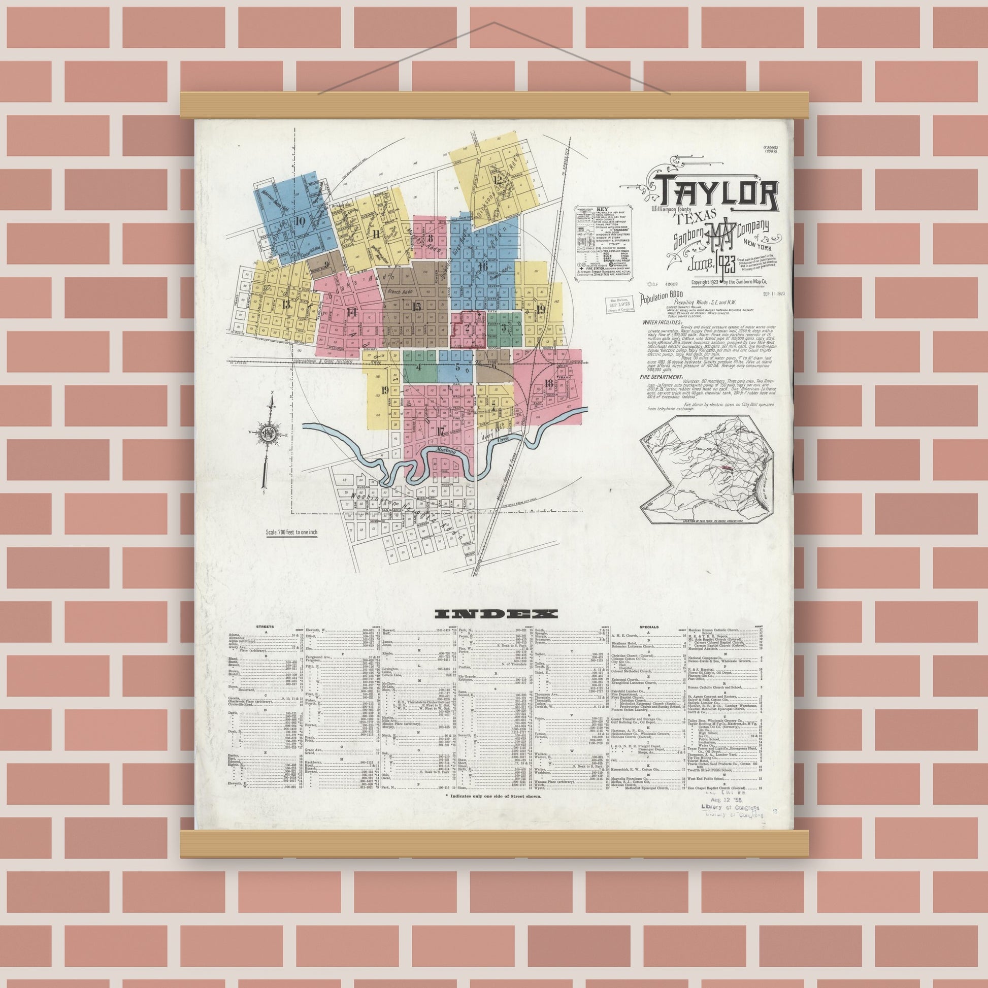 Old map wall art mockup — magnetic wood frame on brick wall — Sanborn Fire Insurance Map from Taylor, Williamson County, Texas (1923) - Complete Map Set