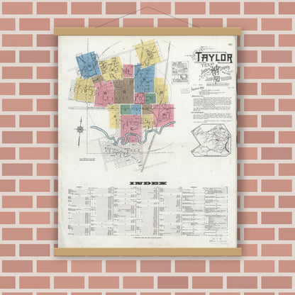 Old map wall art mockup — magnetic wood frame on brick wall — Sanborn Fire Insurance Map from Taylor, Williamson County, Texas (1923) - Complete Map Set