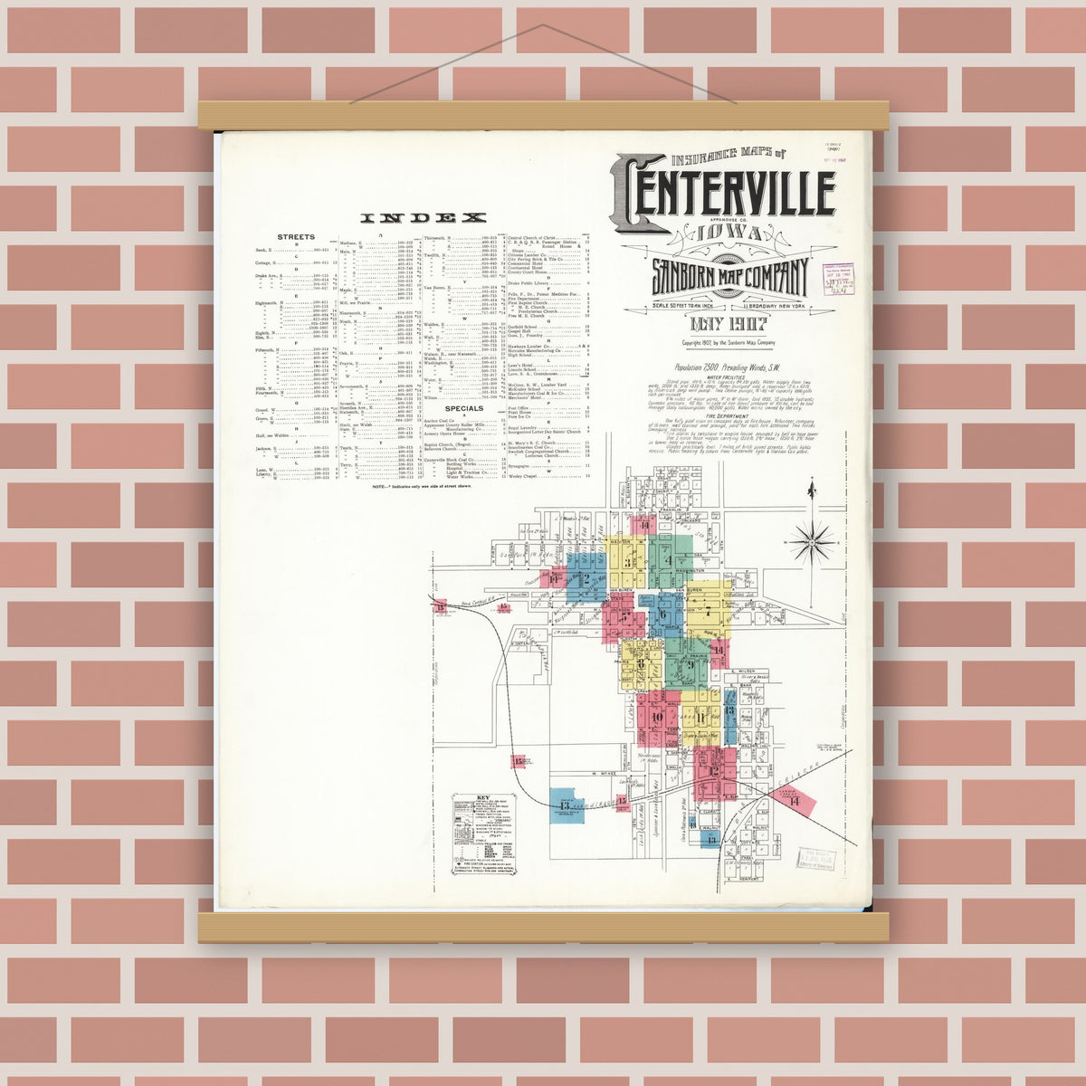 Old map wall art mockup — magnetic wood frame on brick wall — Sanborn Fire Insurance Map from Centerville, Appanoose County, Iowa (1907) â€” Complete Set