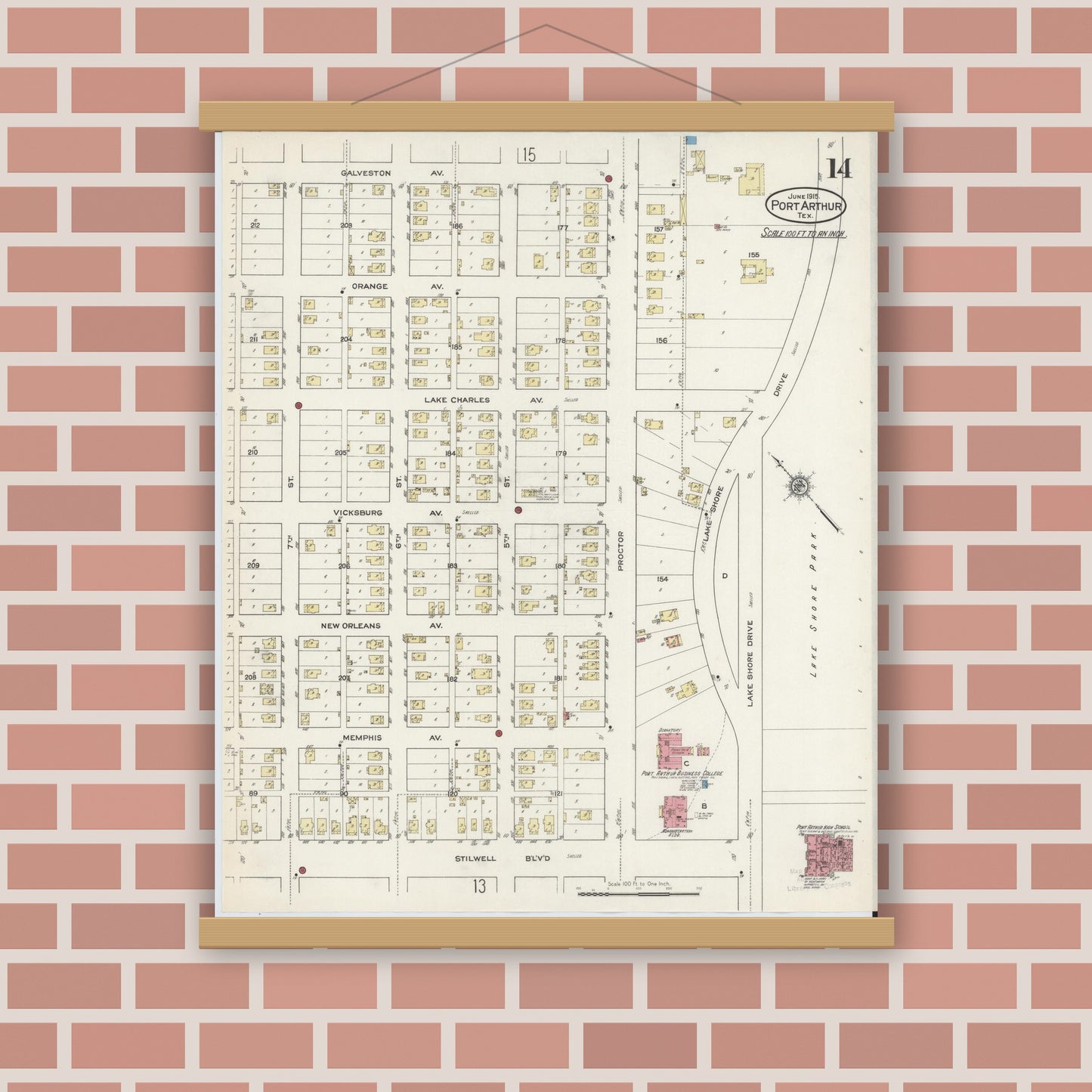 Old map wall art mockup — magnetic wood frame on brick wall — Sanborn Fire Insurance Map from Port Arthur, Jefferson County, Texas (1915), Sheet #0014