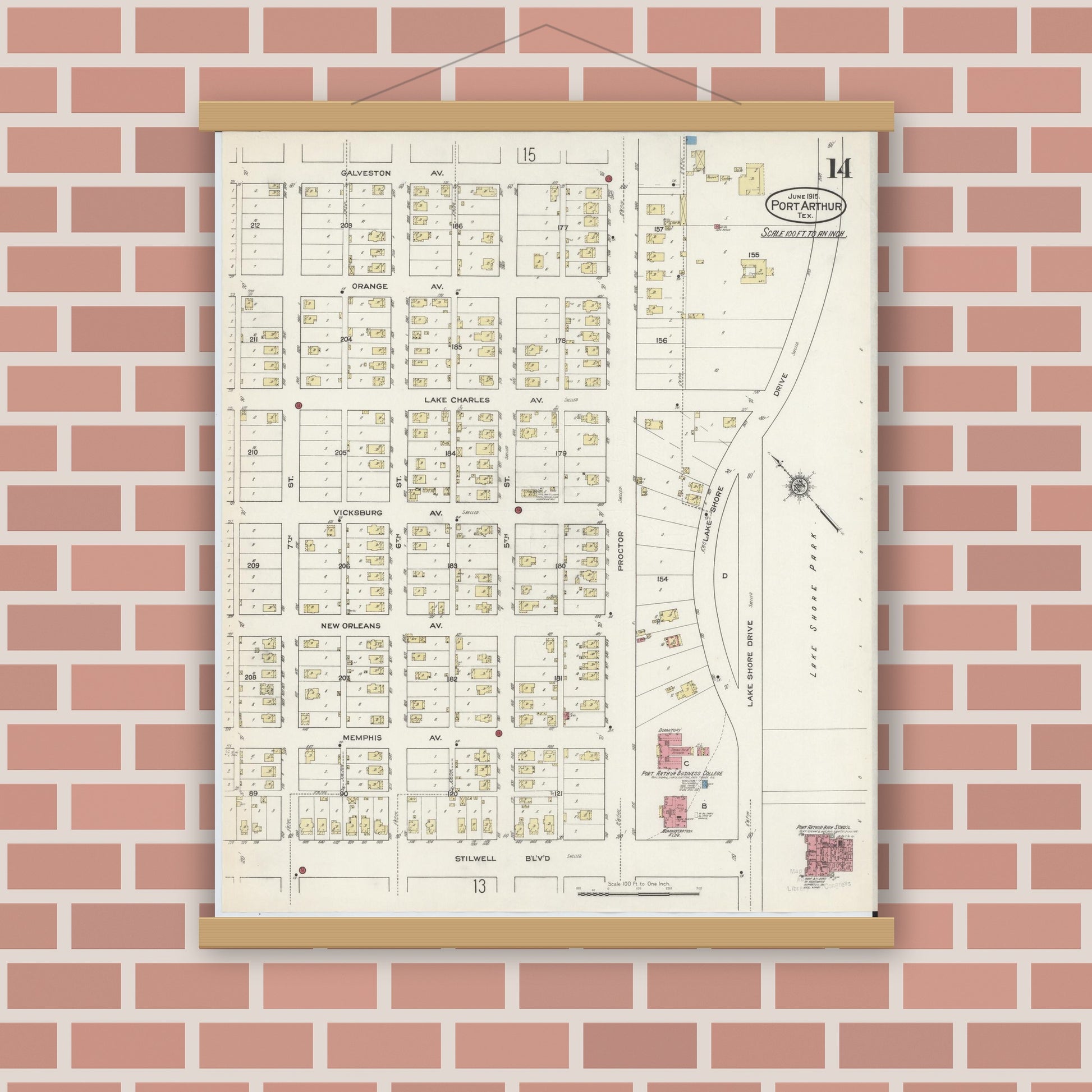 Old map wall art mockup — magnetic wood frame on brick wall — Sanborn Fire Insurance Map from Port Arthur, Jefferson County, Texas (1915), Sheet #0014