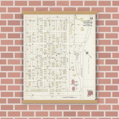 Old map wall art mockup — magnetic wood frame on brick wall — Sanborn Fire Insurance Map from Port Arthur, Jefferson County, Texas (1915), Sheet #0014