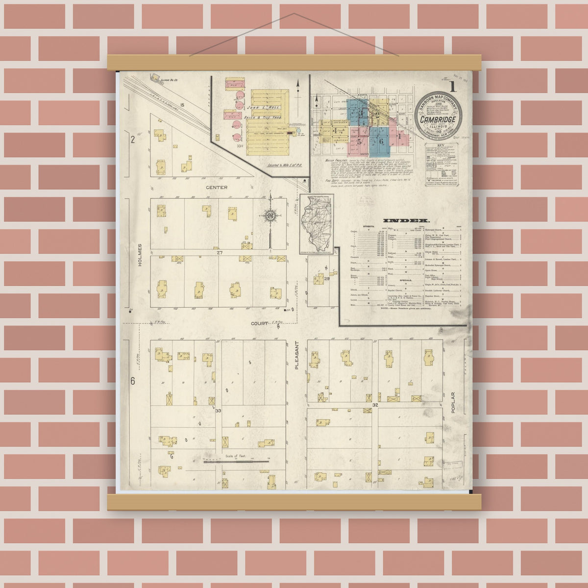 Old map wall art mockup — magnetic wood frame on brick wall — Sanborn Fire Insurance Map from Cambridge, Henry County, Illinois (1913) - Complete Map Set