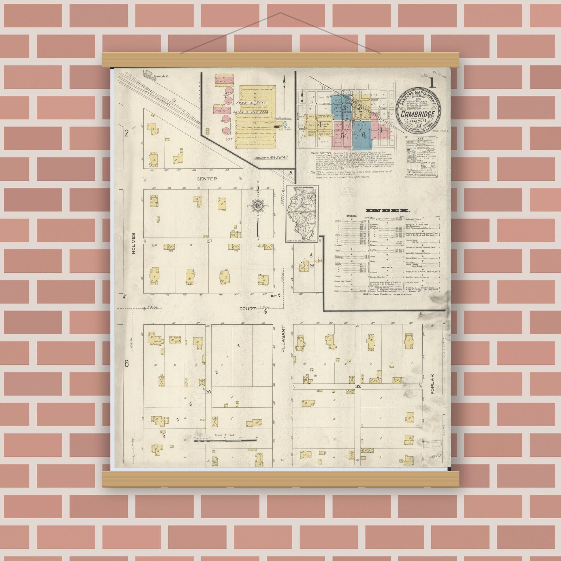 Old map wall art mockup — magnetic wood frame on brick wall — Sanborn Fire Insurance Map from Cambridge, Henry County, Illinois (1913) - Complete Map Set