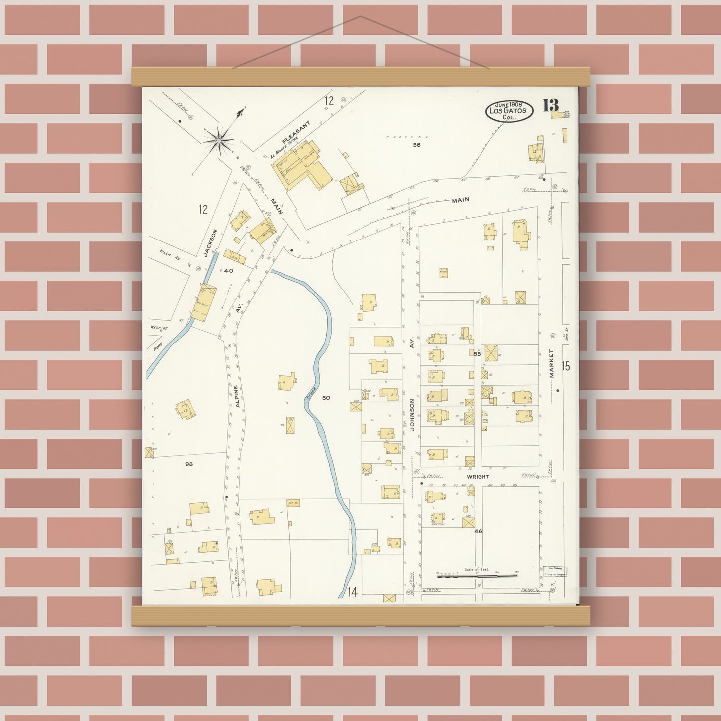 Old map wall art mockup — magnetic wood frame on brick wall — Sanborn Fire Insurance Map from Los Gatos, Santa Clara County, California (1908), Sheet #0013