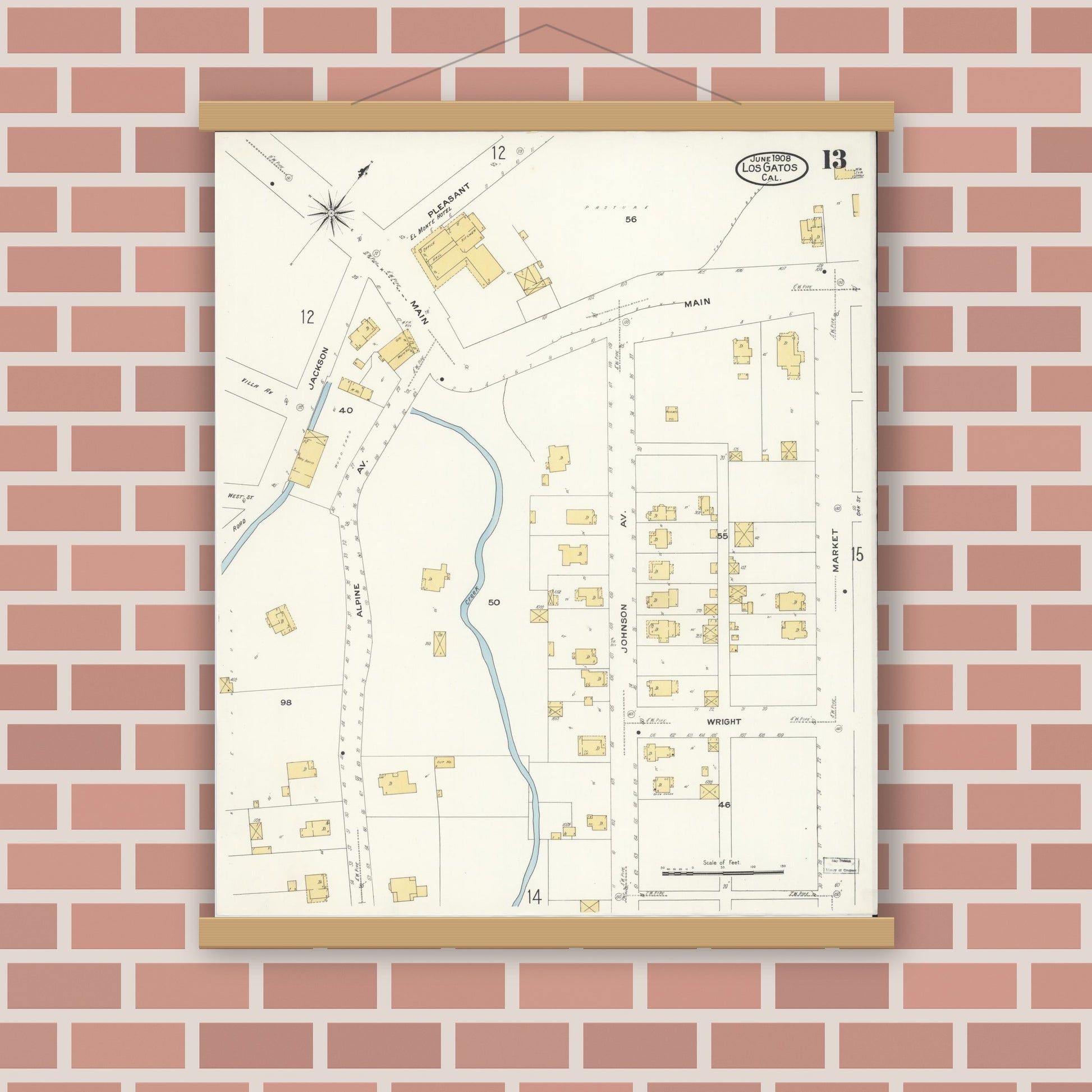 Old map wall art mockup — magnetic wood frame on brick wall — Sanborn Fire Insurance Map from Los Gatos, Santa Clara County, California (1908), Sheet #0013