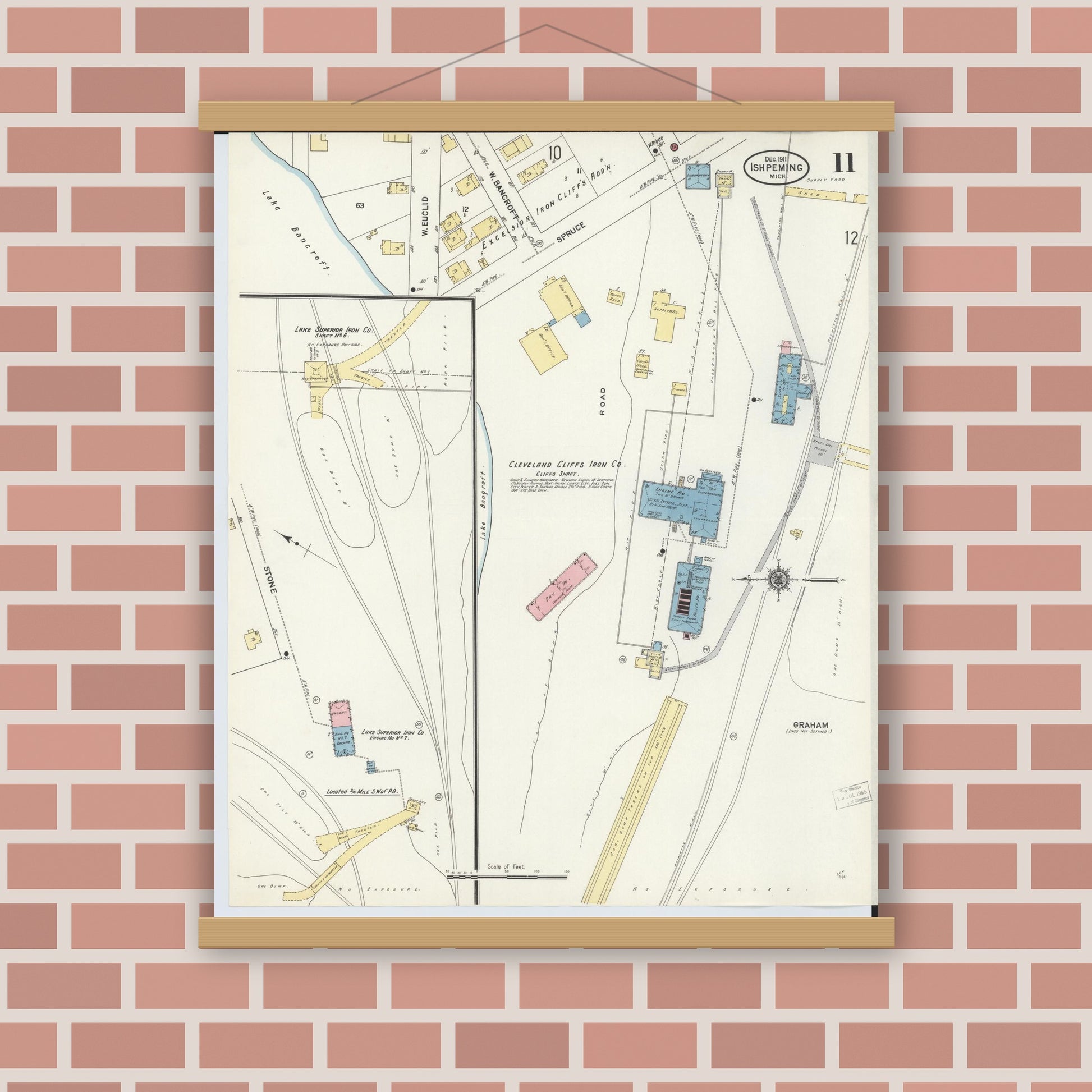Old map wall art mockup — magnetic wood frame on brick wall — Sanborn Fire Insurance Map from Ishpeming, Marquette County, Michigan (1911), Sheet #0011