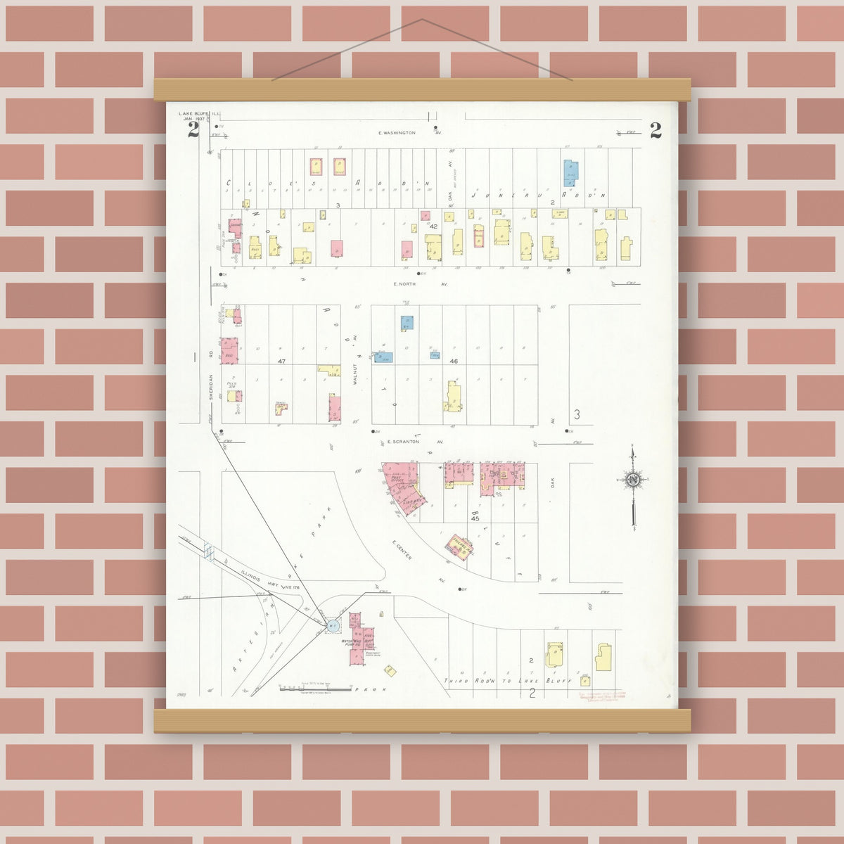 Old map wall art mockup — magnetic wood frame on brick wall — Sanborn Fire Insurance Map from Lake Bluff, Lake County, Illinois (1937), Sheet #0002
