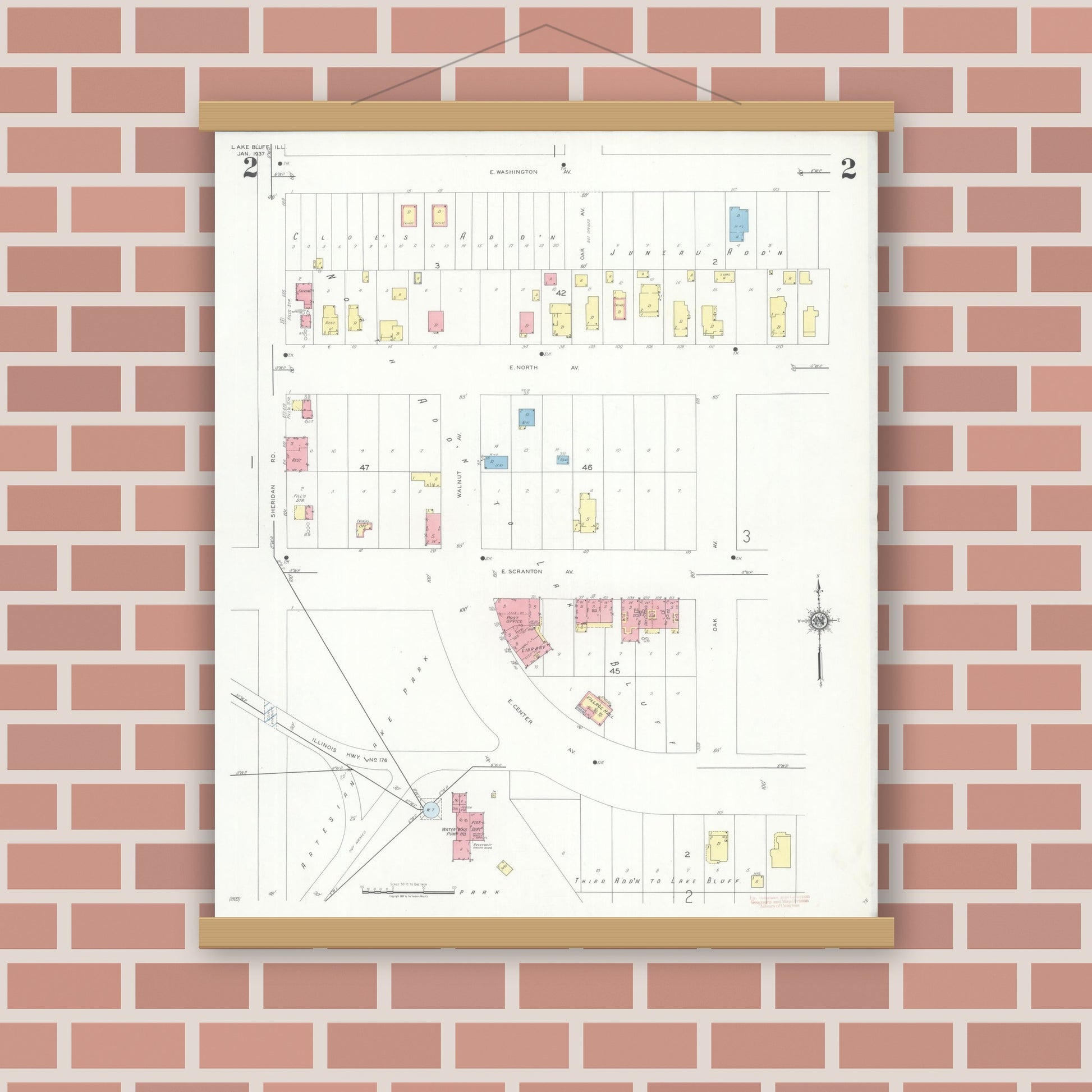 Old map wall art mockup — magnetic wood frame on brick wall — Sanborn Fire Insurance Map from Lake Bluff, Lake County, Illinois (1937), Sheet #0002