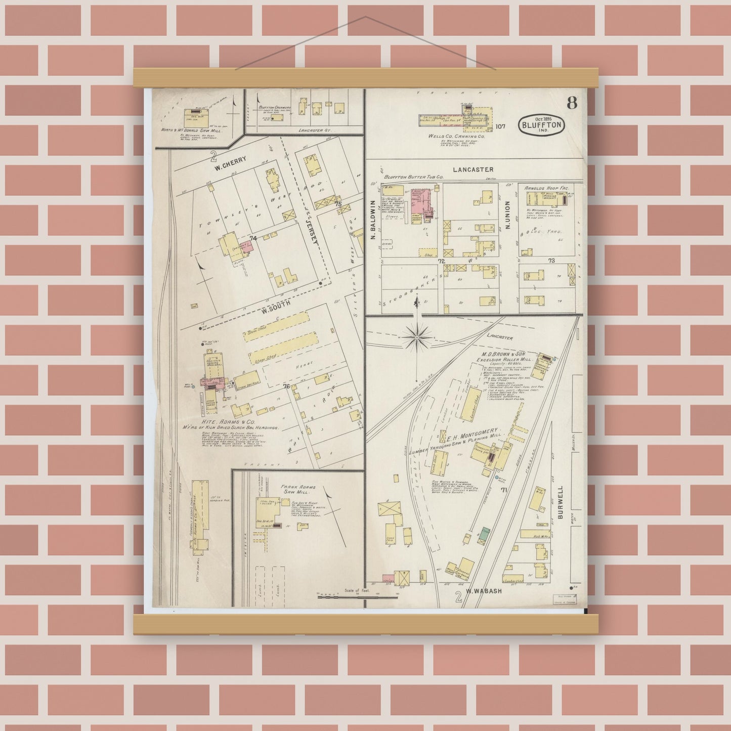 Old map wall art mockup — magnetic wood frame on brick wall — Sanborn Fire Insurance Map from Bluffton, Wells County, Indiana (1895), Sheet #0008