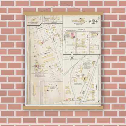 Old map wall art mockup — magnetic wood frame on brick wall — Sanborn Fire Insurance Map from Bluffton, Wells County, Indiana (1895), Sheet #0008