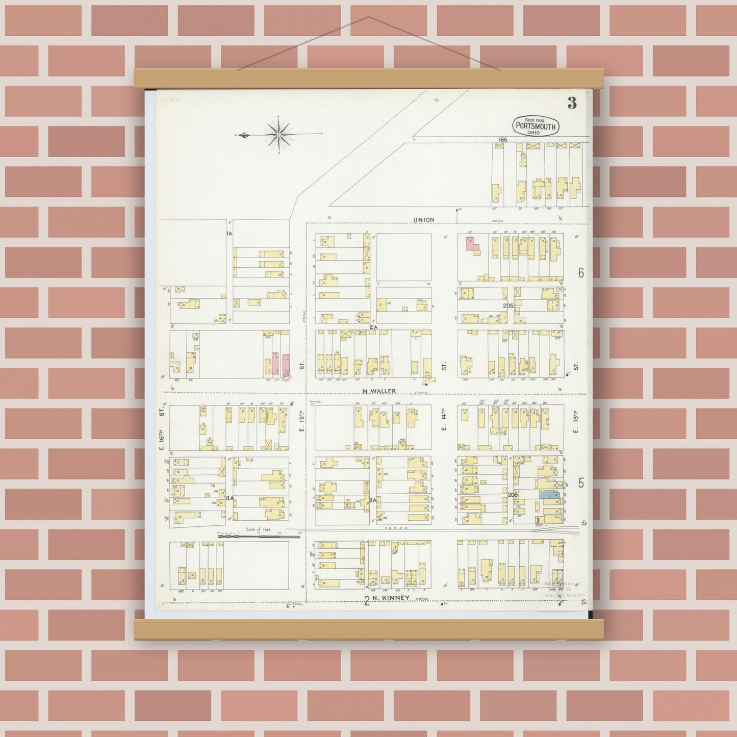 Old map wall art mockup — magnetic wood frame on brick wall — Sanborn Fire Insurance Map from Portsmouth, Scioto County, Ohio (1904), Sheet #0003