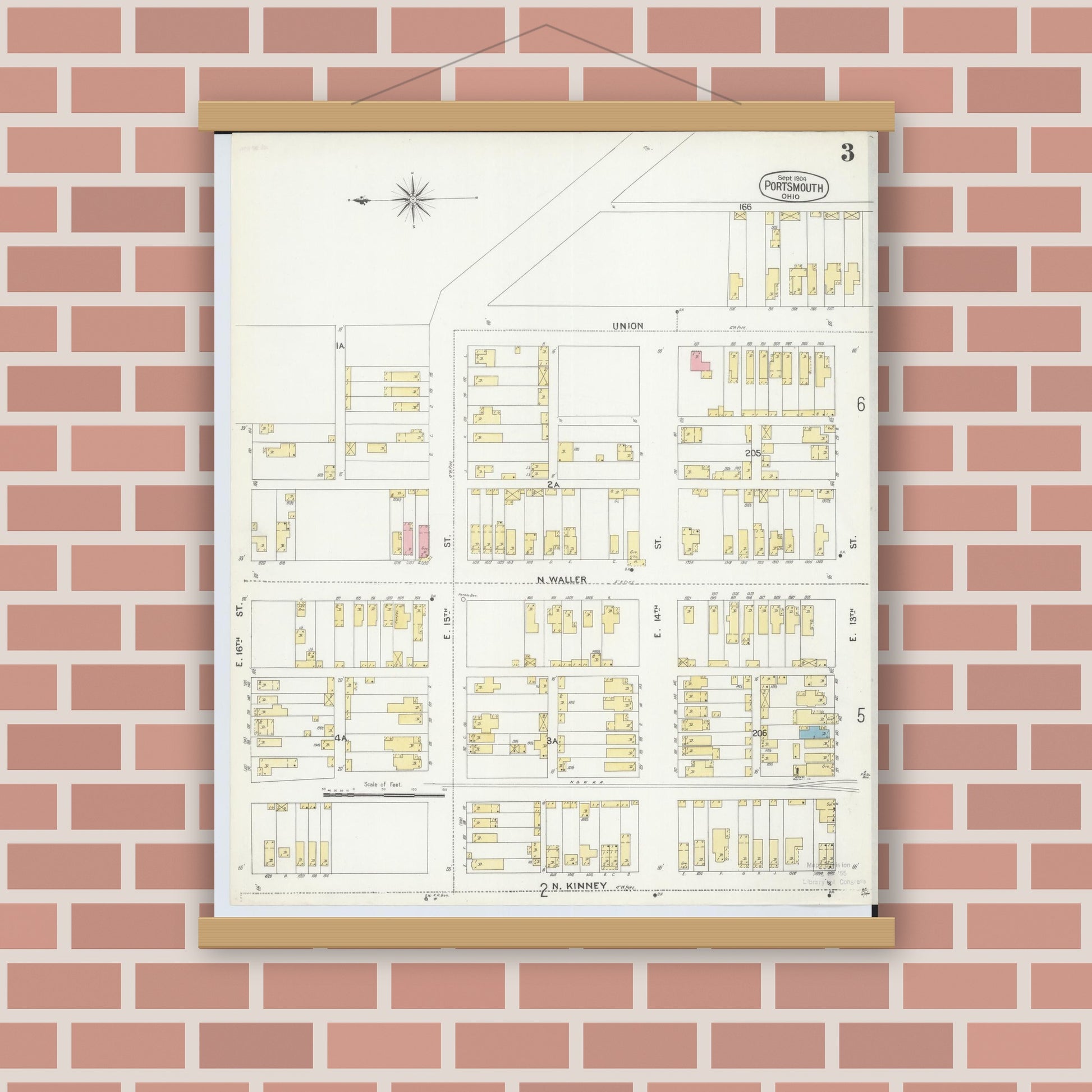 Old map wall art mockup — magnetic wood frame on brick wall — Sanborn Fire Insurance Map from Portsmouth, Scioto County, Ohio (1904), Sheet #0003