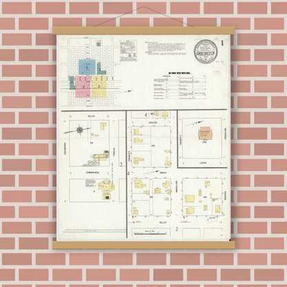 Old map wall art mockup — magnetic wood frame on brick wall — Sanborn Fire Insurance Map from Groesbeck, Limestone County, Texas (1911), Sheet #0001