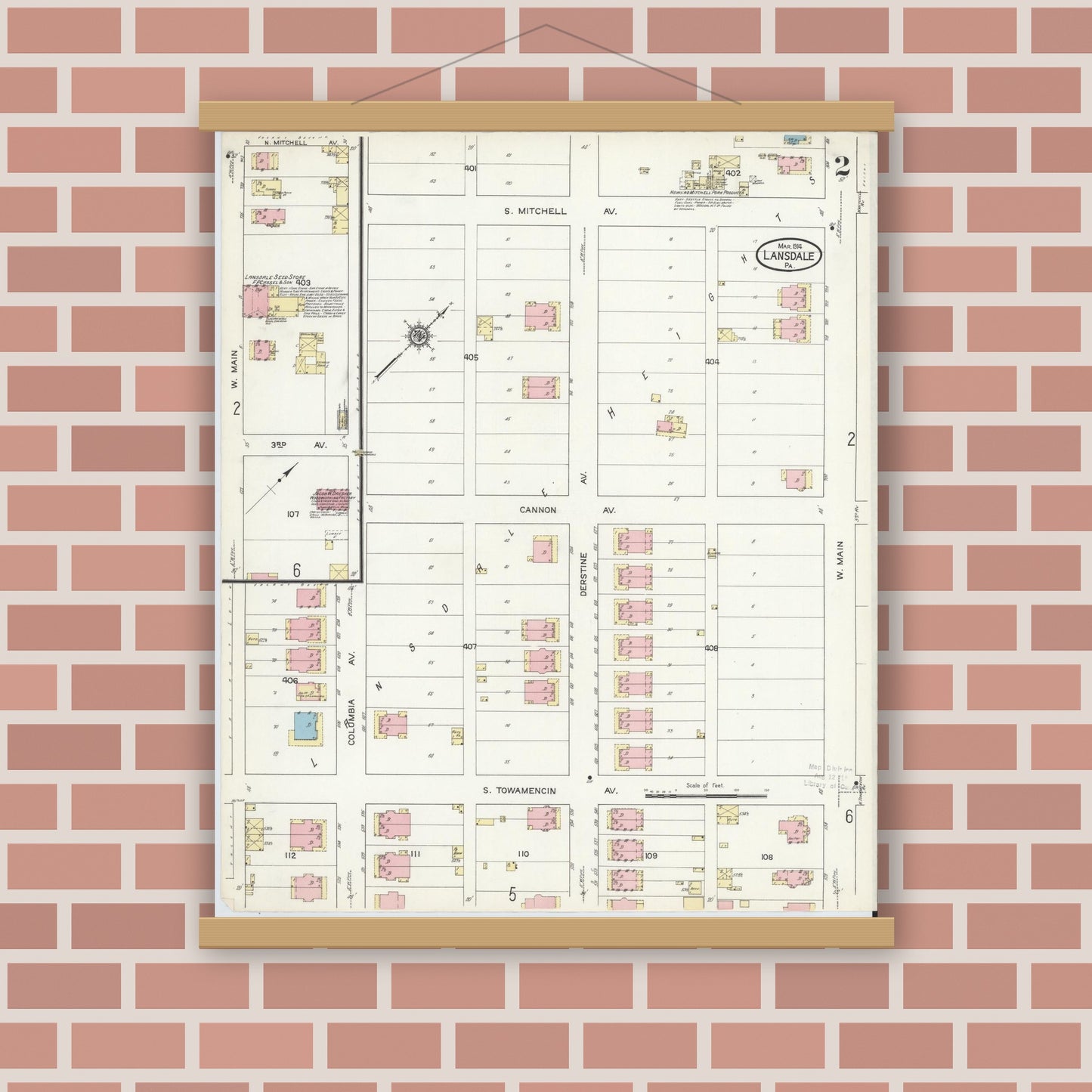 Old map wall art mockup — magnetic wood frame on brick wall — Sanborn Fire Insurance Map from Lansdale, Montgomery County, Pennsylvania (1914), Sheet #0002