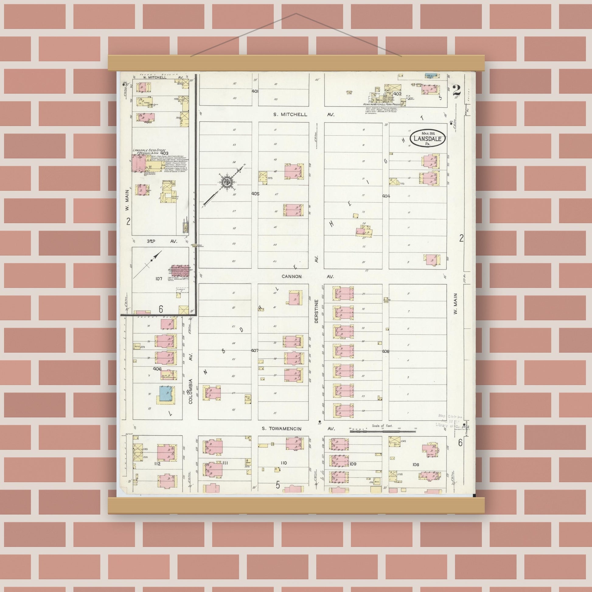 Old map wall art mockup — magnetic wood frame on brick wall — Sanborn Fire Insurance Map from Lansdale, Montgomery County, Pennsylvania (1914), Sheet #0002