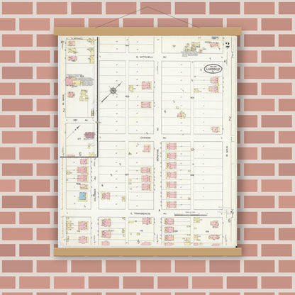 Old map wall art mockup — magnetic wood frame on brick wall — Sanborn Fire Insurance Map from Lansdale, Montgomery County, Pennsylvania (1914), Sheet #0002