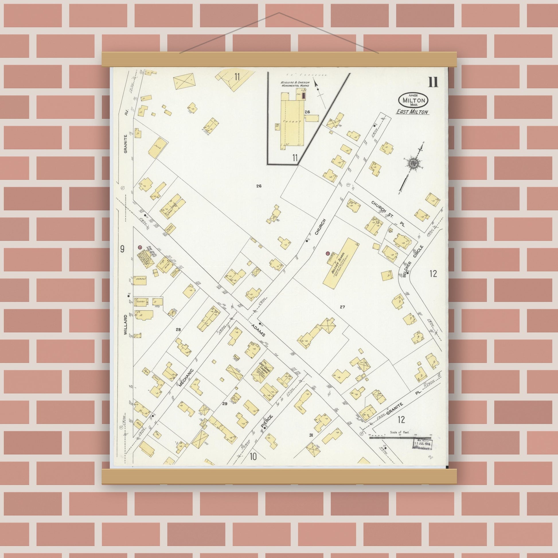 Old map wall art mockup — magnetic wood frame on brick wall — Sanborn Fire Insurance Map from Milton, Norfolk County, Massachusetts (1911), Sheet #0011
