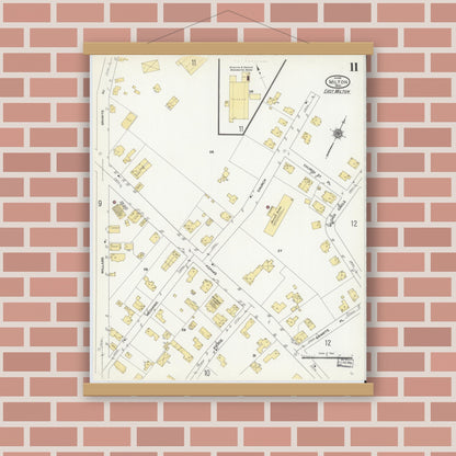 Old map wall art mockup — magnetic wood frame on brick wall — Sanborn Fire Insurance Map from Milton, Norfolk County, Massachusetts (1911), Sheet #0011