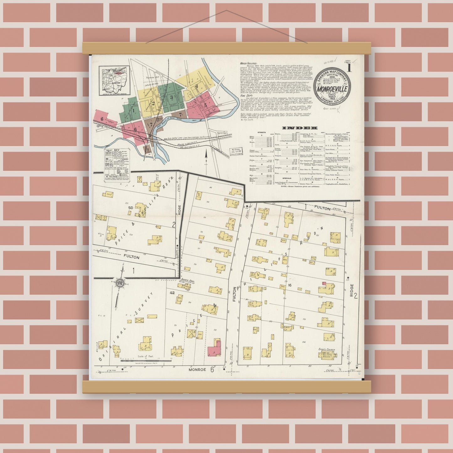 Old map wall art mockup — magnetic wood frame on brick wall — Sanborn Fire Insurance Map from Monroeville, Huron County, Ohio (1922) - Complete Map Set