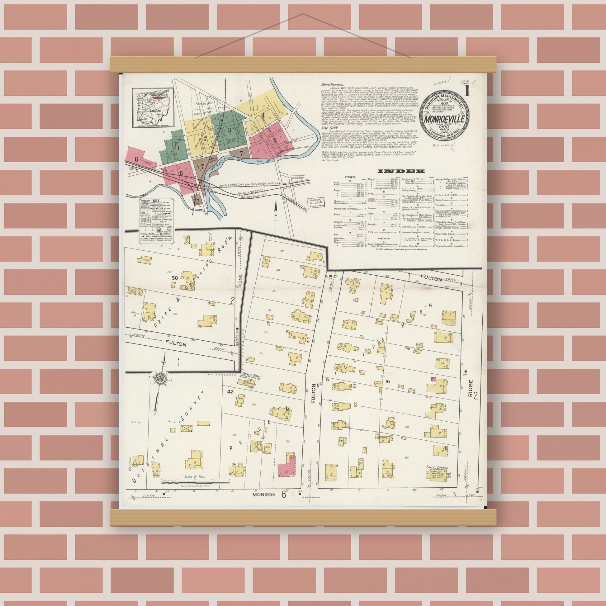 Old map wall art mockup — magnetic wood frame on brick wall — Sanborn Fire Insurance Map from Monroeville, Huron County, Ohio (1922) - Complete Map Set