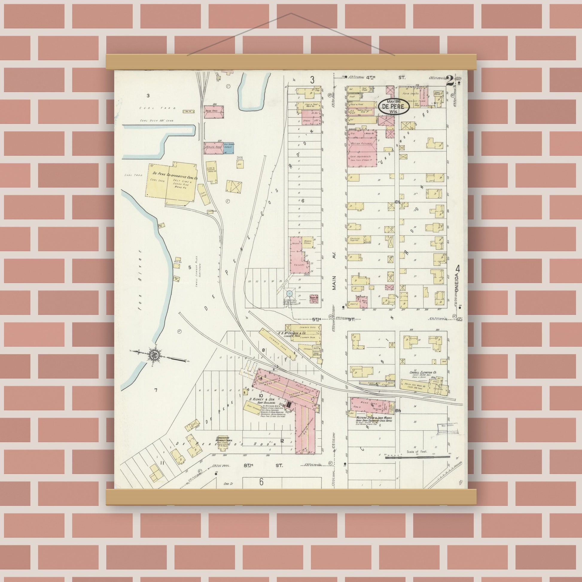 Old map wall art mockup — magnetic wood frame on brick wall — Sanborn Fire Insurance Map from De Pere, Brown County, Wisconsin (1914), Sheet #0002