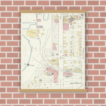 Old map wall art mockup — magnetic wood frame on brick wall — Sanborn Fire Insurance Map from De Pere, Brown County, Wisconsin (1914), Sheet #0002