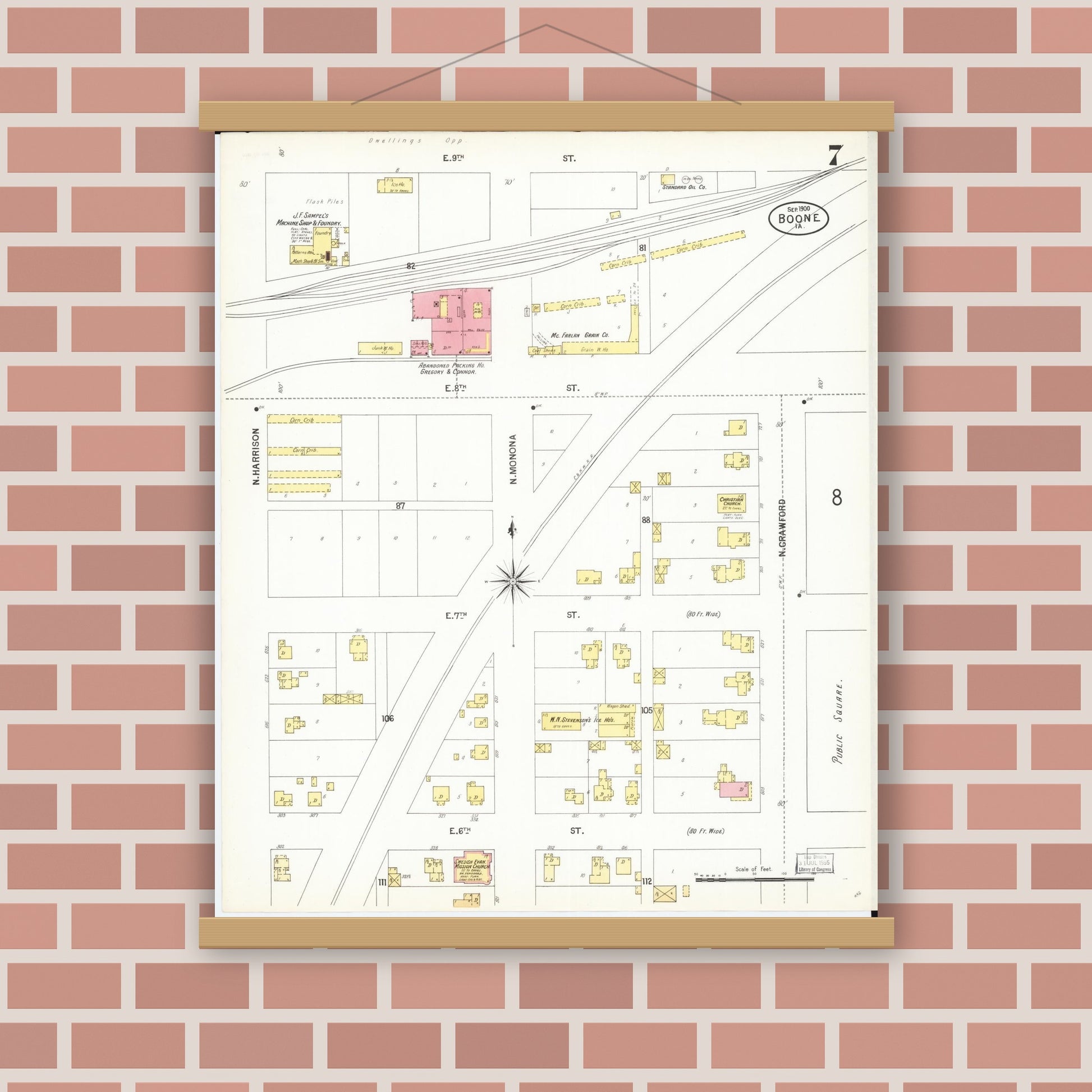 Old map wall art mockup — magnetic wood frame on brick wall — Sanborn Fire Insurance Map from Boone, Boone County, Iowa (1900), Sheet #0007
