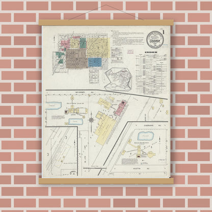 Old map wall art mockup — magnetic wood frame on brick wall — Sanborn Fire Insurance Map from Cooper, Delta County, Texas (1914), Sheet #0001