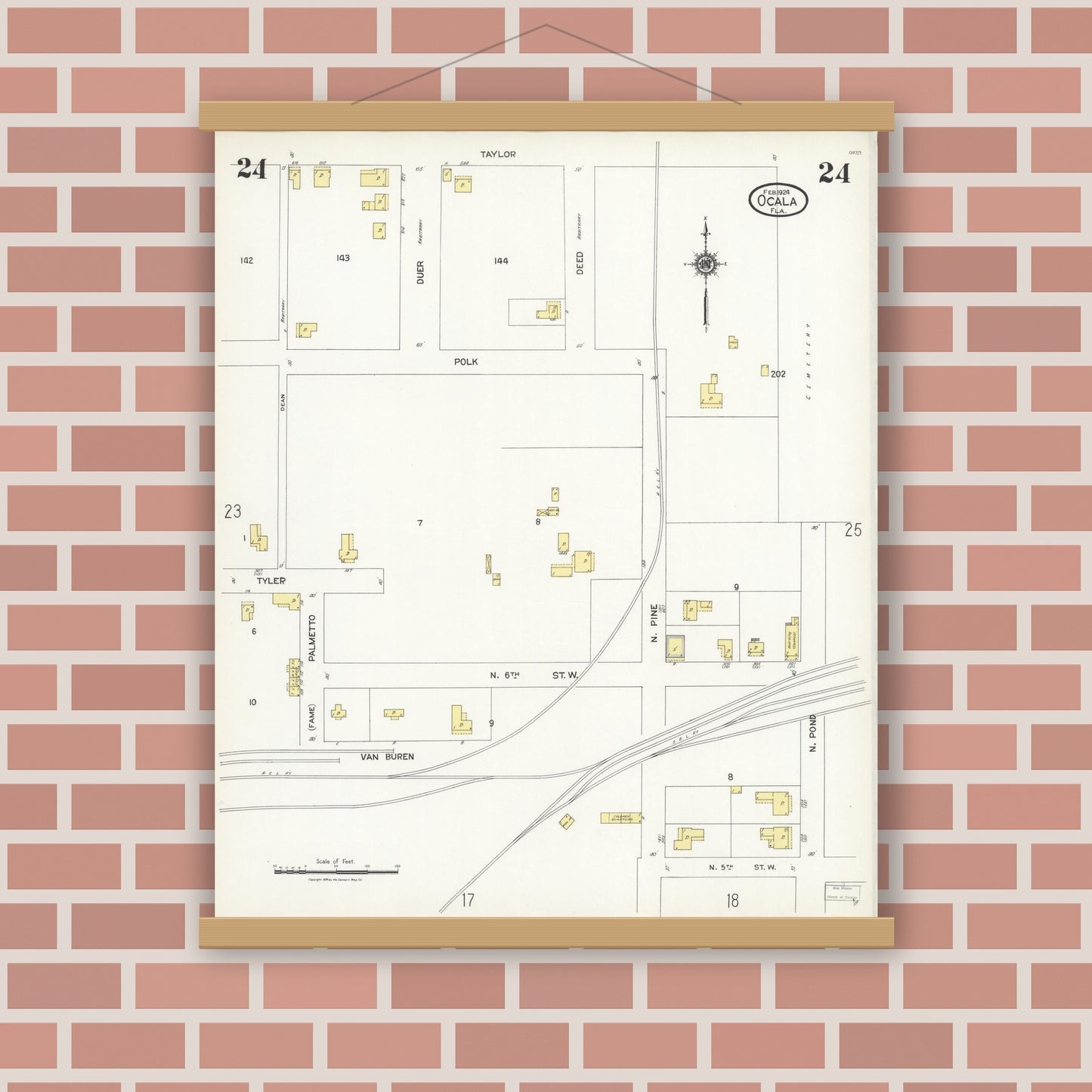 Old map wall art mockup — magnetic wood frame on brick wall — Sanborn Fire Insurance Map from Ocala, Marion County, Florida (1924), Sheet #0024