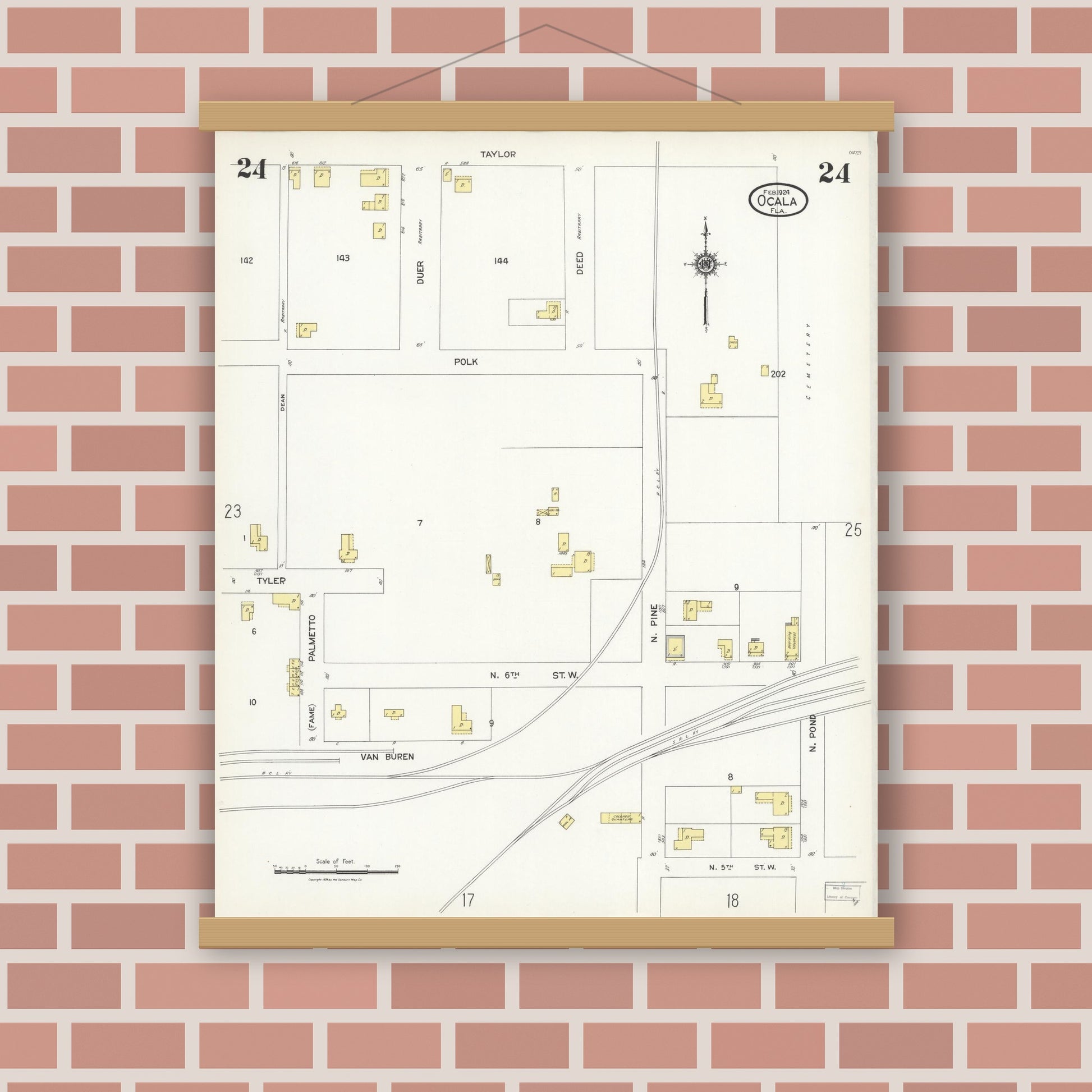 Old map wall art mockup — magnetic wood frame on brick wall — Sanborn Fire Insurance Map from Ocala, Marion County, Florida (1924), Sheet #0024