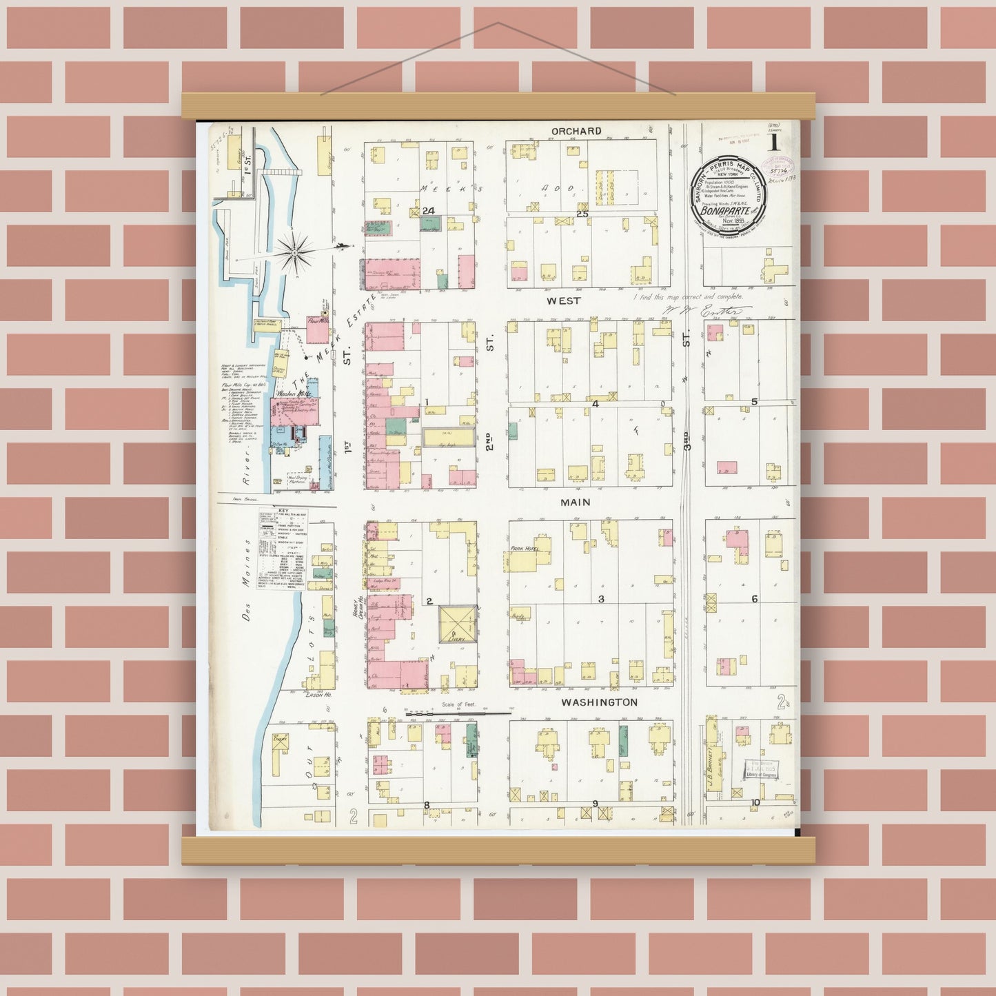 Old map wall art mockup — magnetic wood frame on brick wall — Sanborn Fire Insurance Map from Bonaparte, Van Buren County, Iowa (1893) â€” Complete Set
