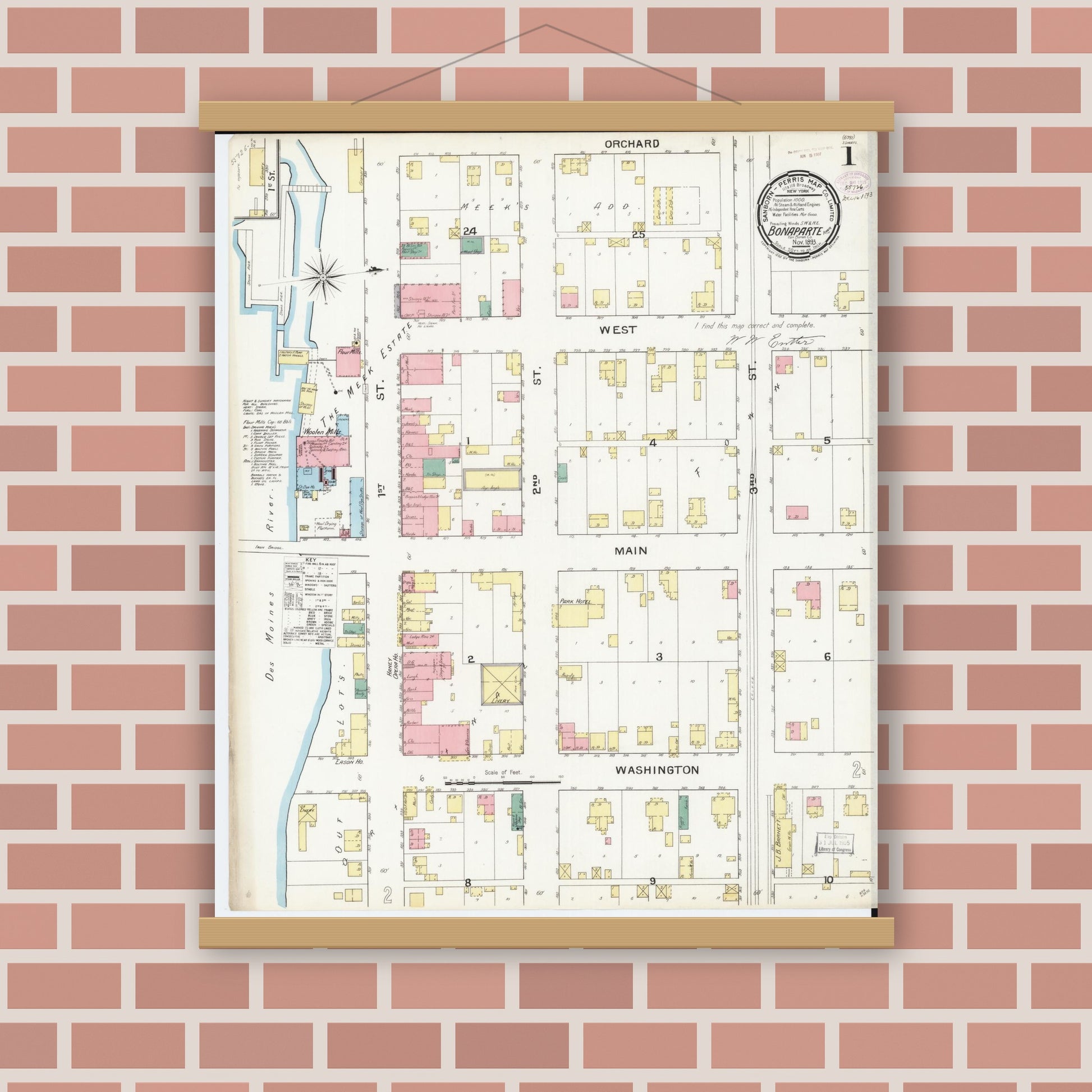 Old map wall art mockup — magnetic wood frame on brick wall — Sanborn Fire Insurance Map from Bonaparte, Van Buren County, Iowa (1893) â€” Complete Set