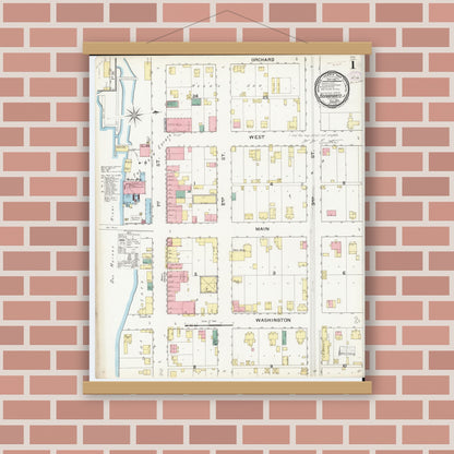 Old map wall art mockup — magnetic wood frame on brick wall — Sanborn Fire Insurance Map from Bonaparte, Van Buren County, Iowa (1893) â€” Complete Set
