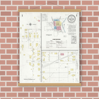 Old map wall art mockup — magnetic wood frame on brick wall — Sanborn Fire Insurance Map from Milton, Wayne County, Indiana (1928), Sheet #0001