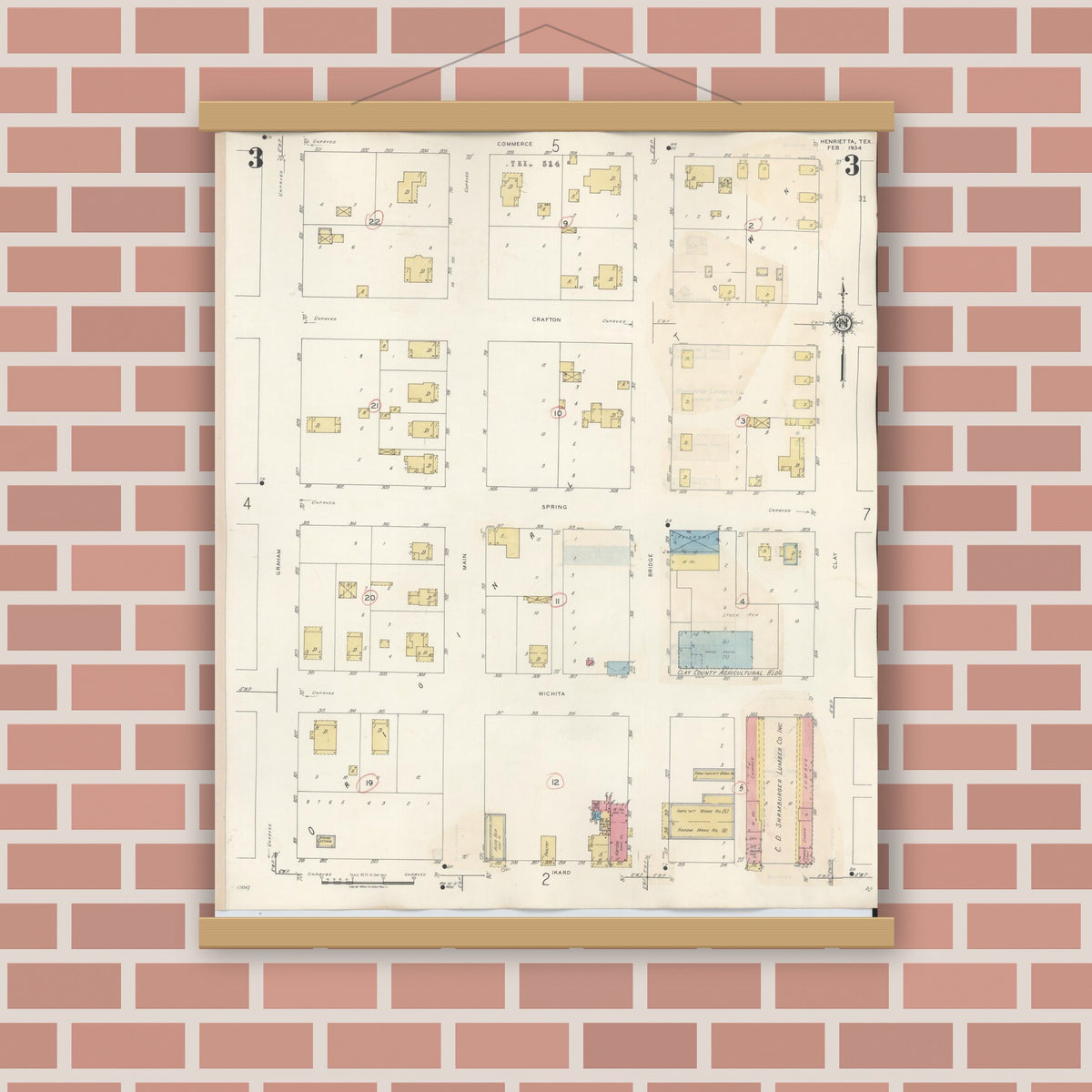 Old map wall art mockup — magnetic wood frame on brick wall — Sanborn Fire Insurance Map from Henrietta, Clay County, Texas (1944), Sheet #0003