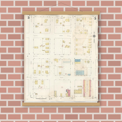 Old map wall art mockup — magnetic wood frame on brick wall — Sanborn Fire Insurance Map from Henrietta, Clay County, Texas (1944), Sheet #0003