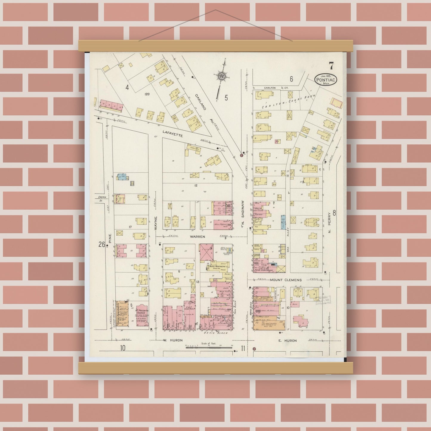 Old map wall art mockup — magnetic wood frame on brick wall — Sanborn Fire Insurance Map from Pontiac, Oakland County, Michigan (1915), Sheet #0007